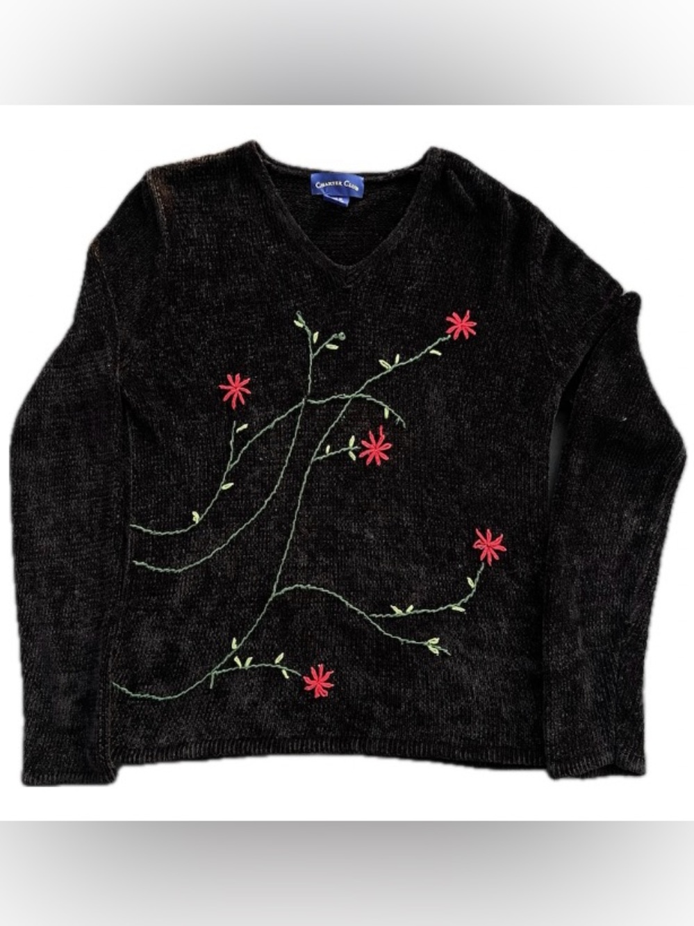 Vintage Y2K Dainty Cottagecore Whimsigoth /Embroidered Floral Black Sweater / M